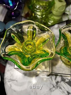 Pair of Beautiful Viking Glass 6 Petal Uranium Lime Candle Holders