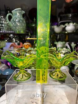 Pair of Beautiful Viking Glass 6 Petal Uranium Lime Candle Holders