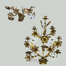 Pair of Brass Floral Candelabras with Milk Glass Flowers