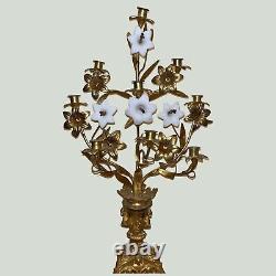 Pair of Brass Floral Candelabras with Milk Glass Flowers