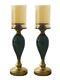 Pair Of Brass And Ceramic Candle Holders With Tinted Glass Shades