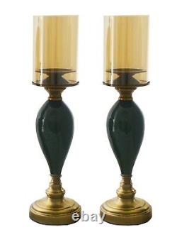 Pair of Brass and Ceramic Candle Holders with Tinted Glass Shades