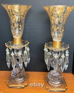 Pair of Cambridge 1612/1615 Hurricane Lamps Rose Point Gold Encrusted Etching