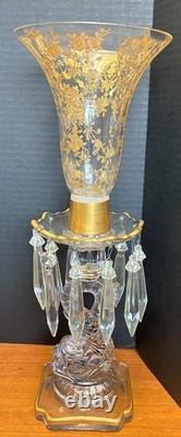 Pair of Cambridge 1612/1615 Hurricane Lamps Rose Point Gold Encrusted Etching Pair of Cambridge 1612/1615 Hurricane Lamps Rose Point Gold Encrusted Etching