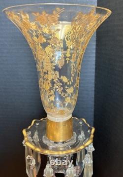 Pair of Cambridge 1612/1615 Hurricane Lamps Rose Point Gold Encrusted Etching