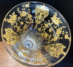 Pair of Cambridge 1612/1615 Hurricane Lamps Rose Point Gold Encrusted Etching