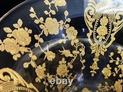 Pair of Cambridge 1612/1615 Hurricane Lamps Rose Point Gold Encrusted Etching