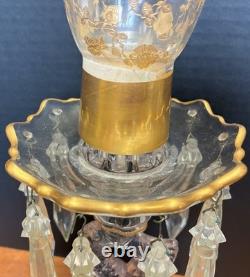 Pair of Cambridge 1612/1615 Hurricane Lamps Rose Point Gold Encrusted Etching