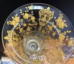 Pair of Cambridge 1612/1615 Hurricane Lamps Rose Point Gold Encrusted Etching