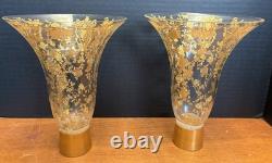 Pair of Cambridge 1612/1615 Hurricane Lamps Rose Point Gold Encrusted Etching