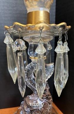 Pair of Cambridge 1612/1615 Hurricane Lamps Rose Point Gold Encrusted Etching