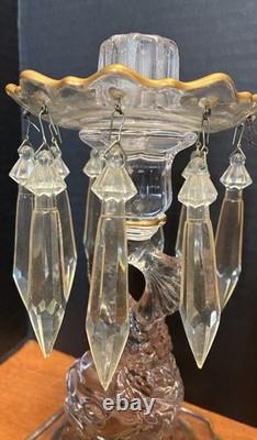 Pair of Cambridge 1612/1615 Hurricane Lamps Rose Point Gold Encrusted Etching