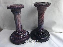 Pair of English Purple Slag Candlesticks Candle Holders Antique