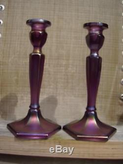 Pair of Fenton Art Glass Carnival Stretch Iridescent Wisteria 449 Candleholders