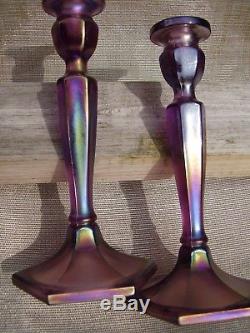 Pair of Fenton Art Glass Carnival Stretch Iridescent Wisteria 449 Candleholders