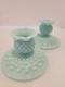 Pair Of Fenton Hobnail Pastel Green Milk Glass Candle Holders 2.75x 4.5 Htf