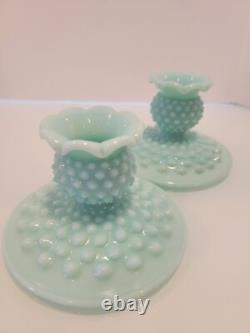 Pair of Fenton Hobnail Pastel Green Milk Glass Candle Holders 2.75x 4.5 HTF