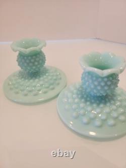 Pair of Fenton Hobnail Pastel Green Milk Glass Candle Holders 2.75x 4.5 HTF