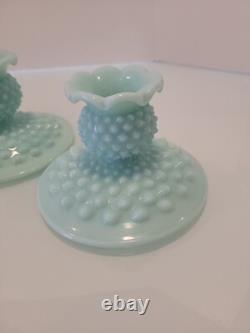 Pair of Fenton Hobnail Pastel Green Milk Glass Candle Holders 2.75x 4.5 HTF