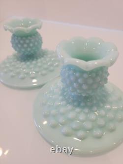 Pair of Fenton Hobnail Pastel Green Milk Glass Candle Holders 2.75x 4.5 HTF
