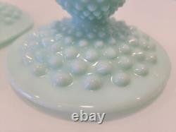 Pair of Fenton Hobnail Pastel Green Milk Glass Candle Holders 2.75x 4.5 HTF