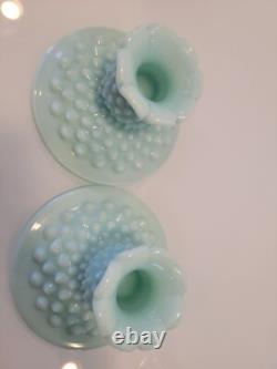 Pair of Fenton Hobnail Pastel Green Milk Glass Candle Holders 2.75x 4.5 HTF