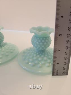Pair of Fenton Hobnail Pastel Green Milk Glass Candle Holders 2.75x 4.5 HTF
