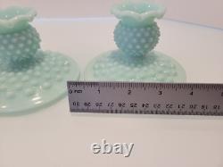 Pair of Fenton Hobnail Pastel Green Milk Glass Candle Holders 2.75x 4.5 HTF
