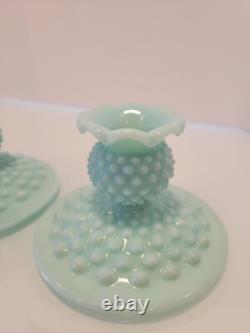Pair of Fenton Hobnail Pastel Green Milk Glass Candle Holders 2.75x 4.5 HTF