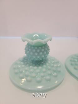 Pair of Fenton Hobnail Pastel Green Milk Glass Candle Holders 2.75x 4.5 HTF