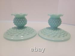 Pair of Fenton Hobnail Pastel Green Milk Glass Candle Holders 2.75x 4.5 HTF