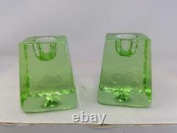 Pair of Fire & Light Signed Green Glass 2 1/2 Candle Holders