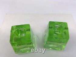 Pair of Fire & Light Signed Green Glass 2 1/2 Candle Holders