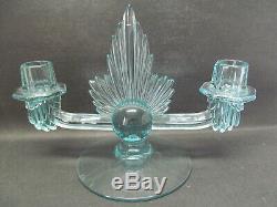 Pair of Fostoria Flame Azure Blue Double Candle Holders George Sakier Designer