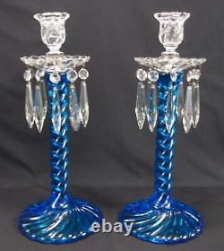Pair of Fostoria Queen Anne Blue Candelabra Candle Stick Holders Lustres