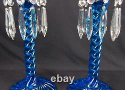 Pair of Fostoria Queen Anne Blue Candelabra Candle Stick Holders Lustres