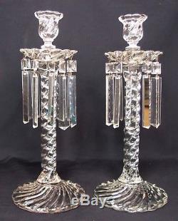 Pair of Fostoria Queen Anne Colony Candlesticks Candleholders with Flat C Prisms