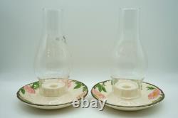 Pair of Franciscan Desert Rose Hurricane Lamp Candle Holders with Chimneys