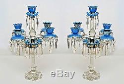 Pair of French Victorian Baccarat Crystal & Blue Opaline 5 Arm Candelabra