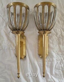 Pair of Gold Brass & Glass Wall Sconces Plant Holder Large Bombay Candle Light