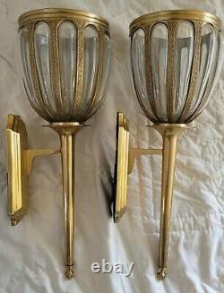 Pair of Gold Brass & Glass Wall Sconces Plant Holder Large Bombay Candle Light