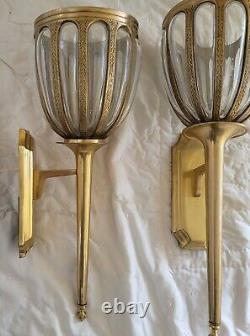 Pair of Gold Brass & Glass Wall Sconces Plant Holder Large Bombay Candle Light