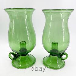Pair of Hand Blown Glass Hurricane Candle Holders Emerald Green Rough Pontil 10 Pair of Hand Blown Glass Hurricane Candle Holders Emerald Green Rough Pontil 10