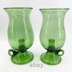Pair of Hand Blown Glass Hurricane Candle Holders Emerald Green Rough Pontil 10