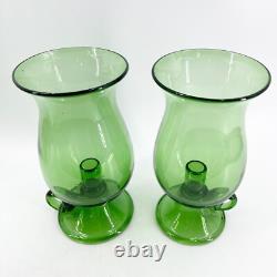 Pair of Hand Blown Glass Hurricane Candle Holders Emerald Green Rough Pontil 10
