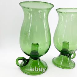 Pair of Hand Blown Glass Hurricane Candle Holders Emerald Green Rough Pontil 10