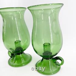 Pair of Hand Blown Glass Hurricane Candle Holders Emerald Green Rough Pontil 10