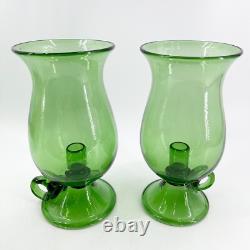 Pair of Hand Blown Glass Hurricane Candle Holders Emerald Green Rough Pontil 10