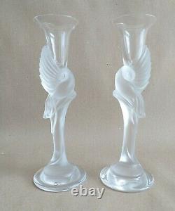 Pair of Igor Carl Faberge (France) Frosted Dove Crystal Candlesticks Signed