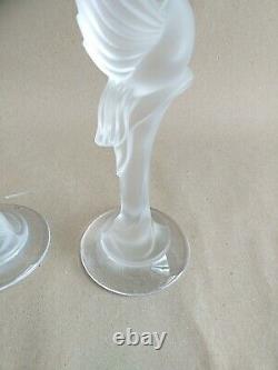 Pair of Igor Carl Faberge (France) Frosted Dove Crystal Candlesticks Signed